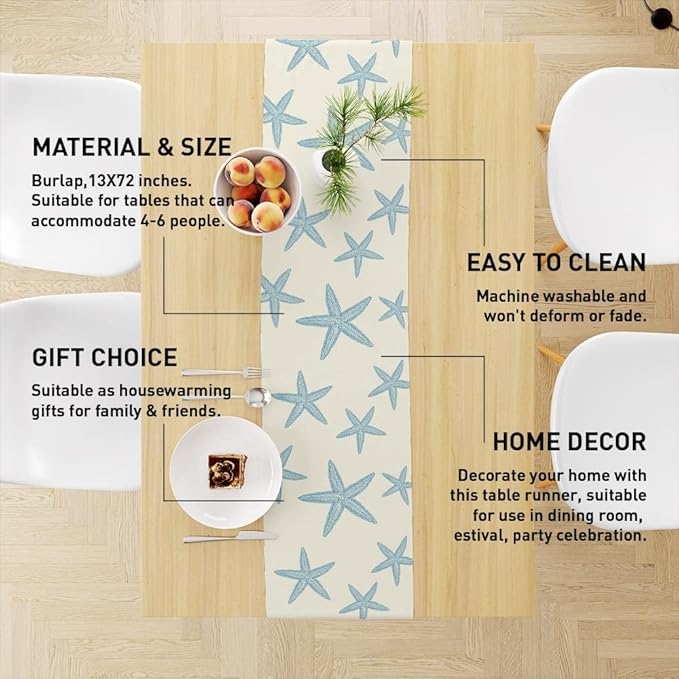 Blue Starfish Table Runner,Nautical Beach Table Runner Decor for Dinning Room Kitchen Summer Ocean Sea Decorations for Holiday Party, Housewarming Gifts for Women Friends Couple, 13X72Inches