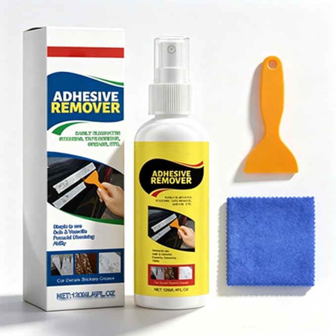 Adhesive Remover, Sticker Remover Spray with Plastic Scraper and Cleaning Cloth, Removes sticker residue, tape marks, and glue buildup, for Glass, Metal, Plastic, Wood and Hard Surfaces