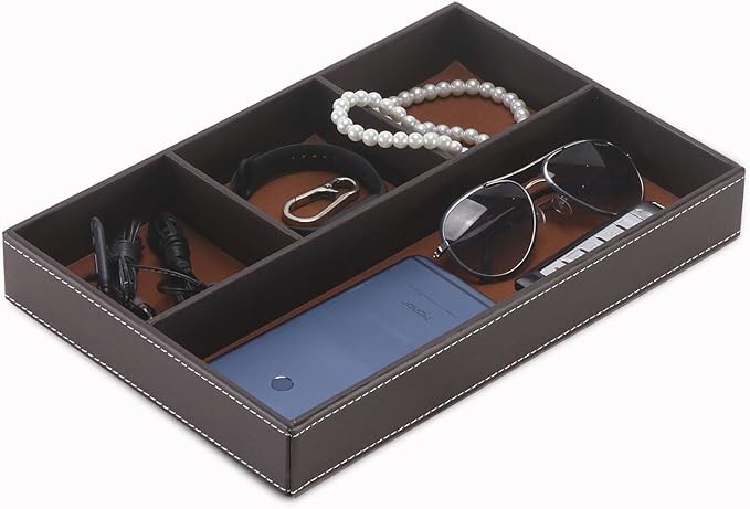 Desktop Storage Organizer, Nightstand or Dresser Organizer, Valet Tray, Entry Table Organizer, Modern bedside Box,PU Leather Drawer Storage Organizer Decorative Trays.