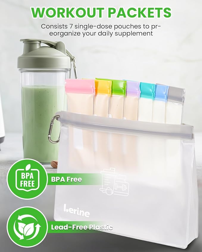 Lerine Protein Powder Travel Container Set, Reusable Protein Powder Container To Go, 35Pcs Single Dose Bags & 5Pcs Large Zip Bags, Portable Supplement Storage Containers with Funnel, Spoon