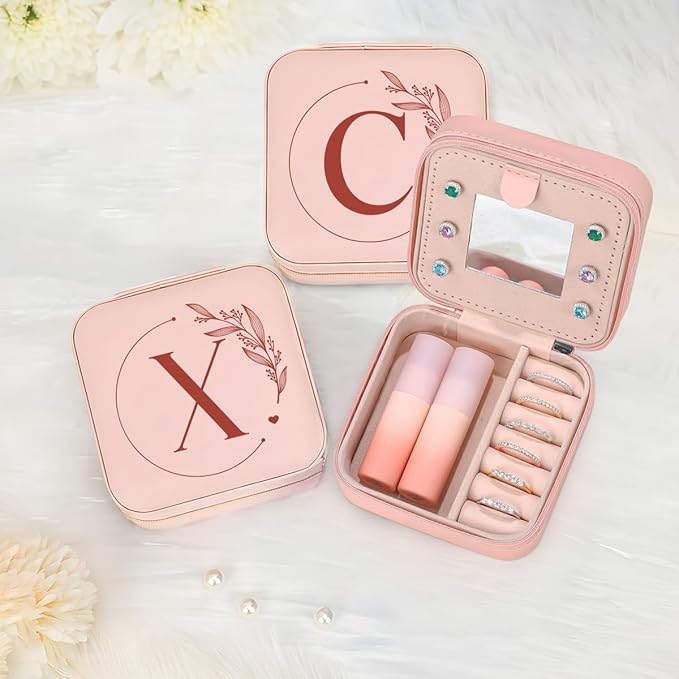 SANDJEST Personalized Jewelry Box, Pink Small Travel Jewelry Box with Initial X, Monogrammed Jewelry Case Organizer for Girls Women Teen, Mini Travel Essentials Gifts for Christmas Birthday