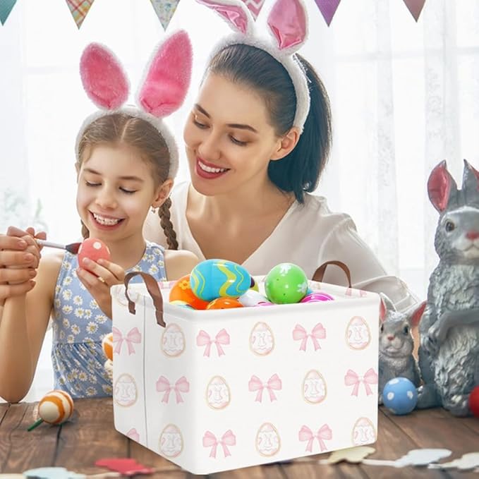 FXOLCSHE Rectangular Easter basket,Nursery Hamper,Collapsible waterproof baby toy storage box for Kids,Toy Organizer,Home Decor,Easter gift basket(Pink bow egg)