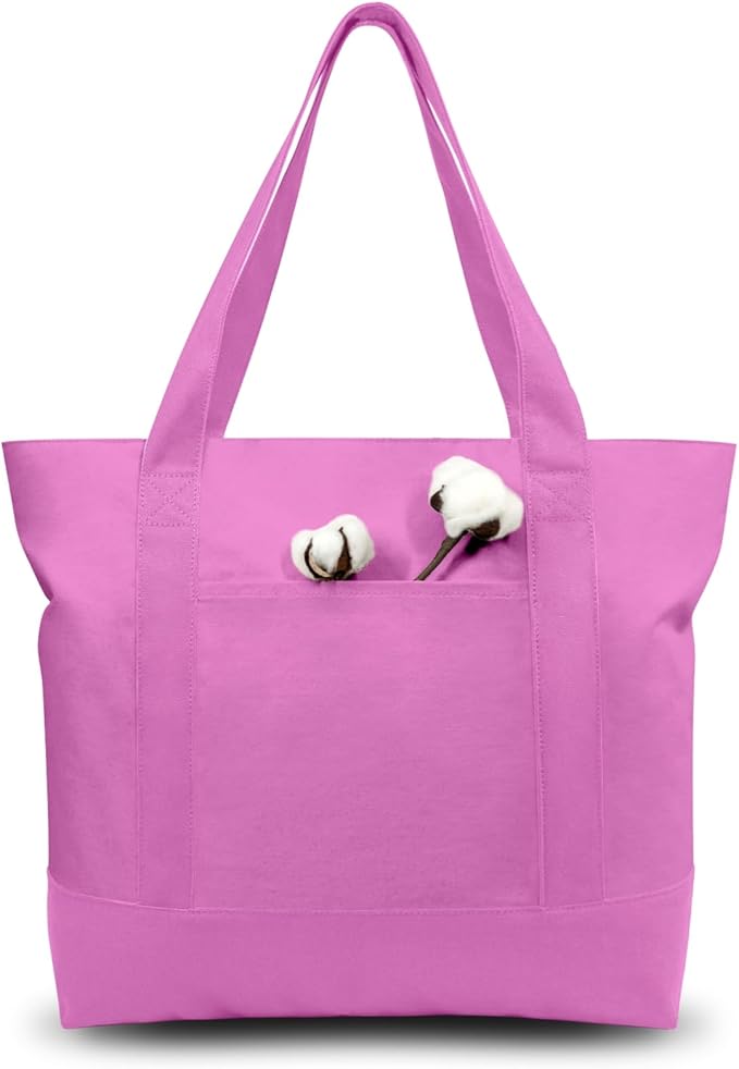 TOPDesign 3-Pack Canvas Tote Bags with an External Pocket, Reusable Grocery Shopping Bags, Top Zipper Closure, Daily Essentials (Light Purple)
