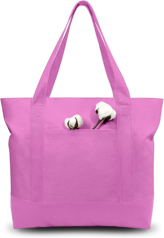 TOPDesign 3-Pack Canvas Tote Bags with an External Pocket, Reusable Grocery Shopping Bags, Top Zipper Closure, Daily Essentials (Light Purple)