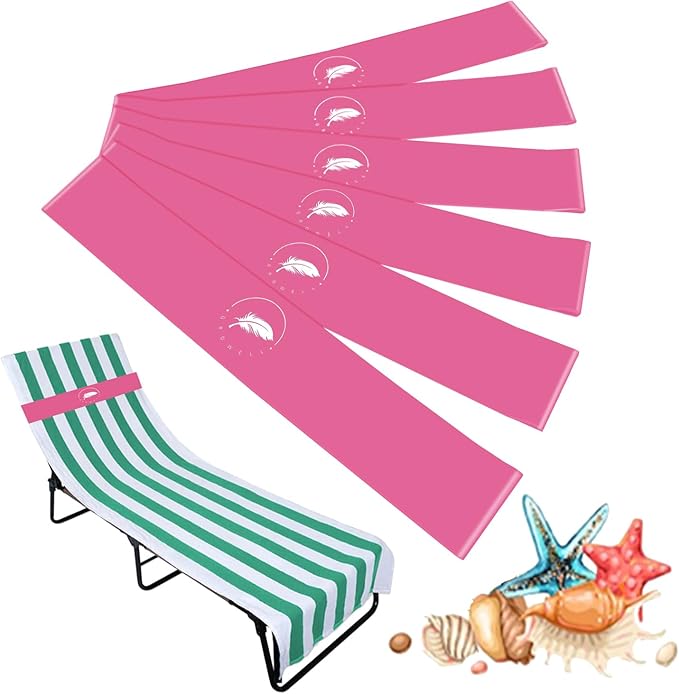Towel Bands (6 Pack) - Stretch Beach Towel Clips for Beach Cruise Pool Chairs, Lounge Towel Holder Elastic, Cruise Ship Essentials (Pink)