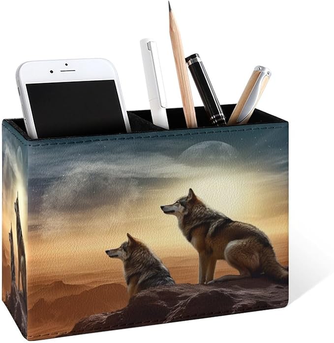 Famame Wolf Desert Pencil Holder for Desk, Leather Desktop Container Pen Cup Storage Study Table Pen Organizer Makeup Brush Holder for Classroom Office Home