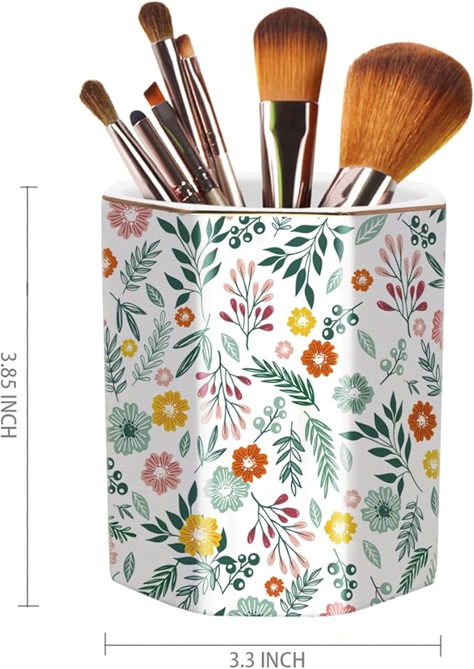 WAVEYU Pen Holder for Desk, Ceramic Pencil Cup Cute Makeup Brush Holder, Desktop Supplies and Accessories for Students, Pen Pencil Caddy for Office Home Art Supply, Green Floral Pattern