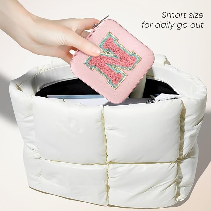 SANDJEST Personalized Jewelry Box, Pink Travel Jewelry Box with Initial N, Small Monogrammed Jewelry Case Organizer for Girls Women Teen Kids, Mini Travel Essentials Gifts for Birthday Christmas