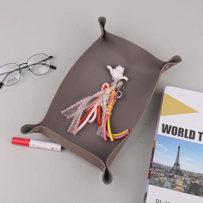 2PC Leather Valet Tray Organizer, Desk Organizer Tray Or Candy Holder, Practical Storage Tool for Travel, Home Or Office (Grey, Large+Extra Large)