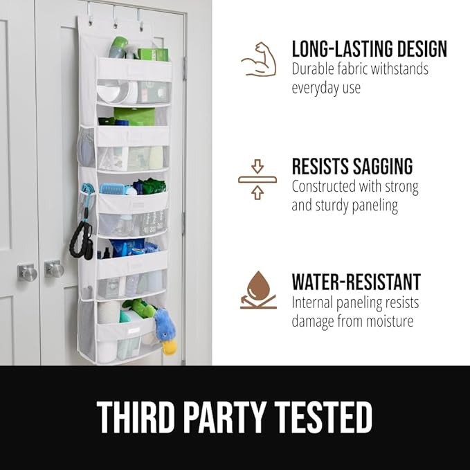 GORILLA GRIP Large Capacity Closet Organizer, 5 Deep Shelves, Holds 50lbs, Over the Door Organizers 6 Mesh Pockets, Shelf Storage for Clothes Crafts Dorm Essentials, 3 Metal Hooks, 58x15 Inches, White