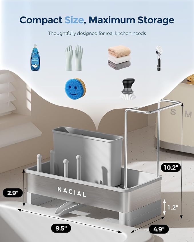 Nacial Sponge Holder for Kitchen Sink, Sink Caddy Organizer with High Brush Holder & Two Towel Racks - Rustproof 304 Stainless Steel Kitchen Countertop Storage Essentials - Grey
