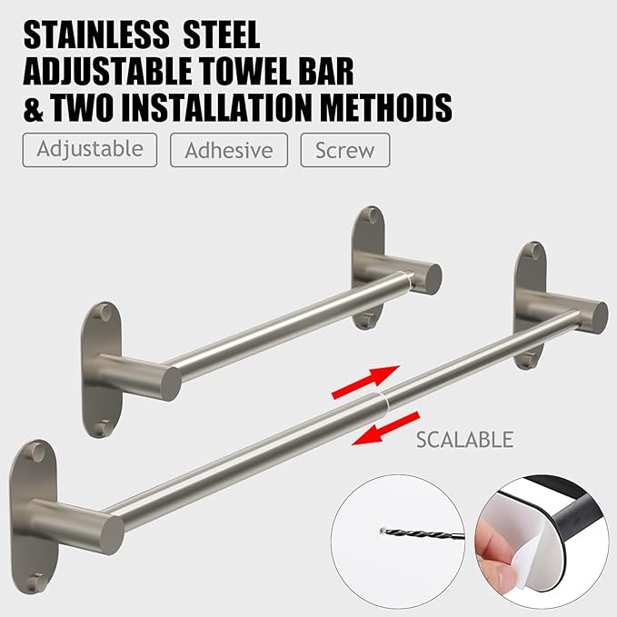 Towel Bar, Adjustable 14.4inch - 25.2inch Towel Rack, Self Adhesive & Wall Mounted for Bathroom Kitchen Hand Towel Holder Cloths Hanger SUS 304 Stainless Steel Single Bar (2, Brushed Nickel)