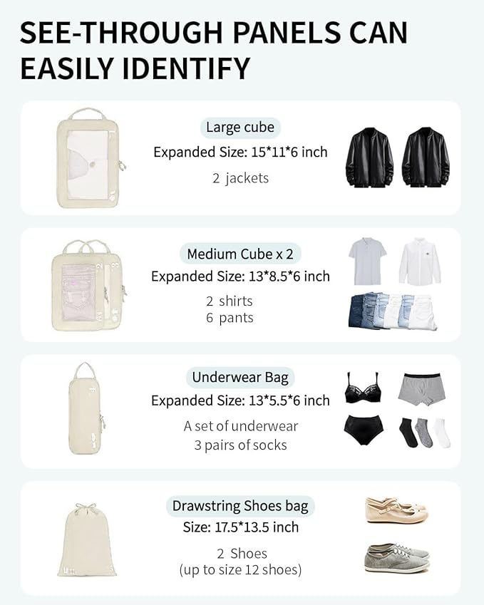 ECOHUB 5 Set Compression Packing Cubes for Suitcases Organiser Bags Set Travel Essentials with Shoe Bag for Traveling Tear-resistant Travel Accessories with ID Tag Expandable Packing Bags (Beige)