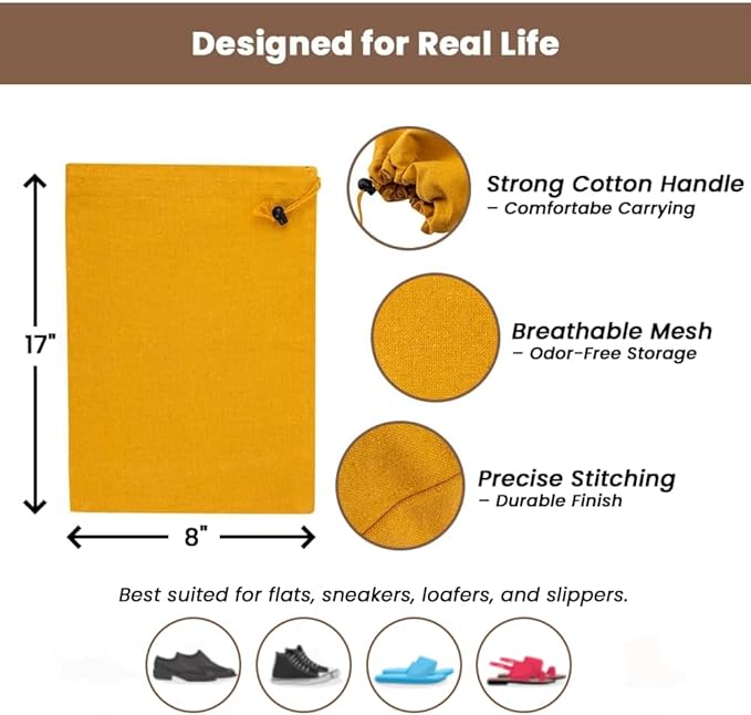 LFH Cotton Rich Shoe Storage Bags with Drawstring, Dustproof Breathable Reusable Organizer, Perfect For Travel, Dorm, Hotel, College, Gym, Easy to Carry, Machine Washable 8"x17" (Pack of 6) - Golden