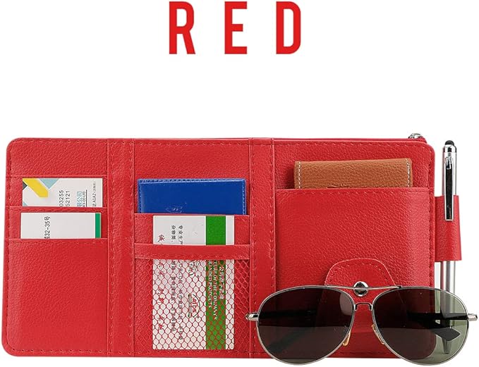 Car Sun Visor Organizer, Auto Interior Accessories Pocket Organizers, Personal Belonging Storage Pouch Organizer, Pouch Holder with Multi-Pocket Net Zippers (Red)