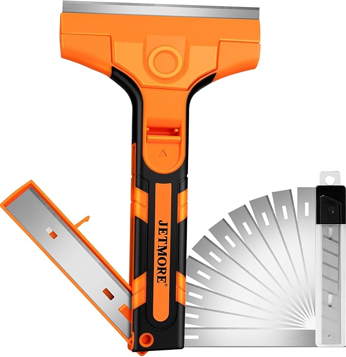 JETMORE Razor Blade Scraper, Scraper Tool with 15 PCS SK5 Steel Blades, Razor Scraper, Ergonomic Handle with Blade Storage Box, Scraper for Cleaning Windows, Glass, Oven, Stove, Kitchen, Floor, Paint