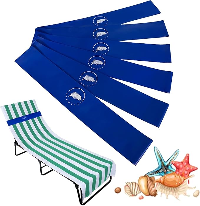 Towel Bands (6 Pack) - Stretch Beach Towel Clips for Beach Cruise Pool Chairs, Lounge Towel Holder Elastic, Cruise Ship Essentials (Blue New)