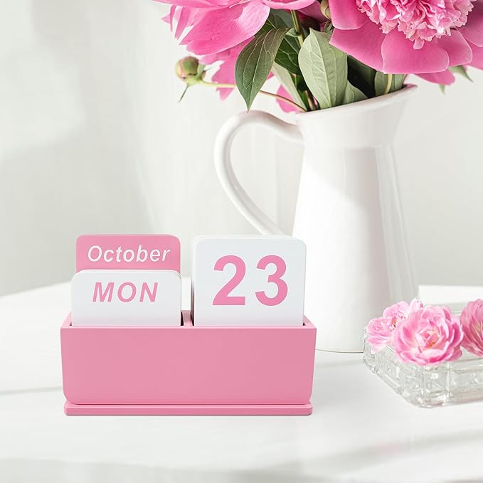 Wooden Block Perpetual Calendar for Desk, Daily Desktop Standing Flip Calendar with Large Display, Modern Farmhouse Aesthetic Desk Accessories for Home Office Decor, Reusable Yearly, Pink