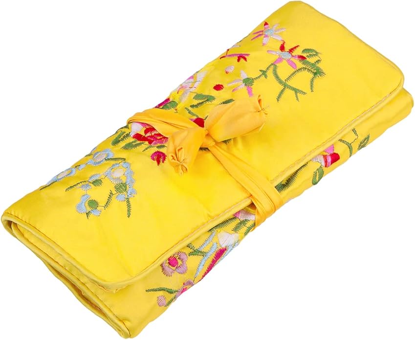 TUMBEELLUWA Embroidery Travel Jewelry Bag Roll Embroidered Flower and Bird Brocade Organizer with Tie Close