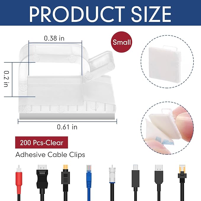 200 Pcs Outdoor Light Clips Adhesive Cable Clips for Christmas Outdoor String Lights with Adhesive Strips Patio Decor for Wall Wire Holder for Hanging Cable Management Cord Organizer (Clear)