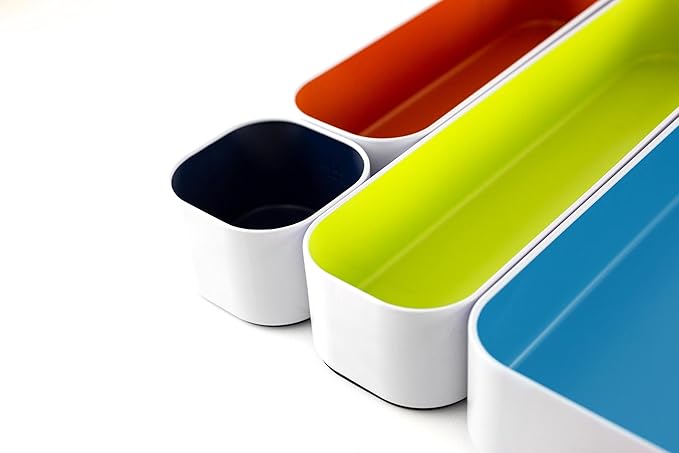 Three by Three Seattle 10-Piece Metal Organizer Tray Set for Storing Makeup, Stationery, Utensils, and More in Office Desk, Kitchen and Bathroom Drawers (2 Inch, Assorted Colors)