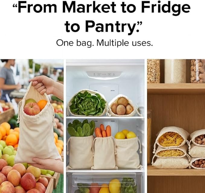 100% Reusable Cotton Produce & Bread Storage Bags, Pack of 6 (2 L, 2 M, 2 S), Breathable Muslin, Vegetable, Fruit Bags with Drawstring | Eco-Friendly Fridge & Kitchen Storage | Reusable, Eco-Friendly | Pure Cotton Material