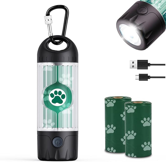 Tubasion 3-in-1 Dog Poop Bag Holder with Flashlight 7-Color, USB-C Rechargeable doggie bag holder for leash, IPX6 Waterproof Anti-Slip Clip Pet Waste Bag Dispenser for Walking (1 Dispenser, 30 Bags)
