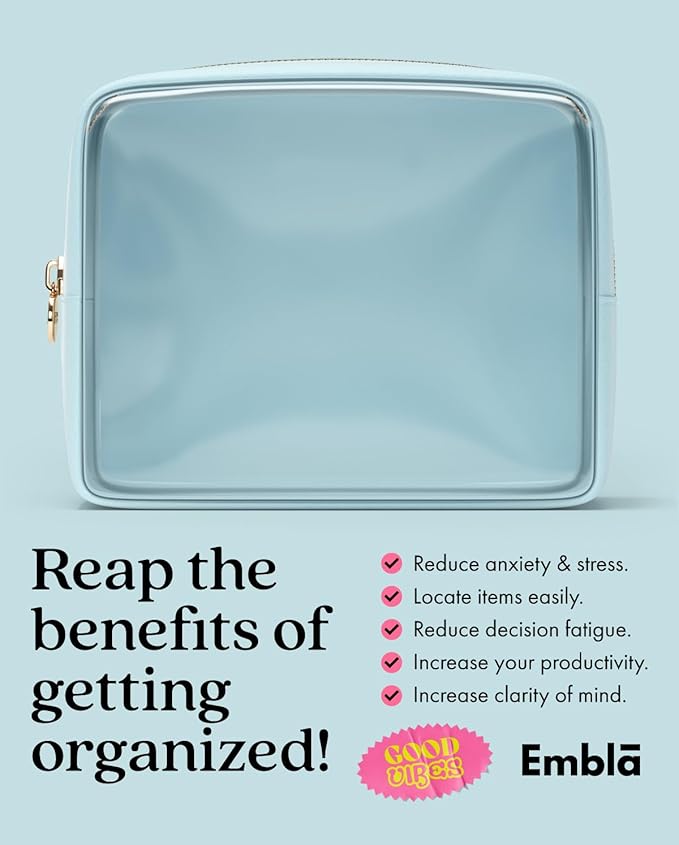 Clear Makeup Bag Zipper Pouch, Transparent Cosmetic Case Organizer, TSA Approved Travel Toiletry Case, Travel Accessories Essentials Makeup Tote for Women, Large Cute Make up Bag for Purse - Sky