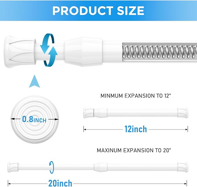 6 Pack Small Tension Rod 12 to 19 Inch Adjustable Tension Curtain Rod Mini Closet Spring Rod No Drilling Short Tension Rods for Windows, Cupboard, Kitchen Cabinets, White