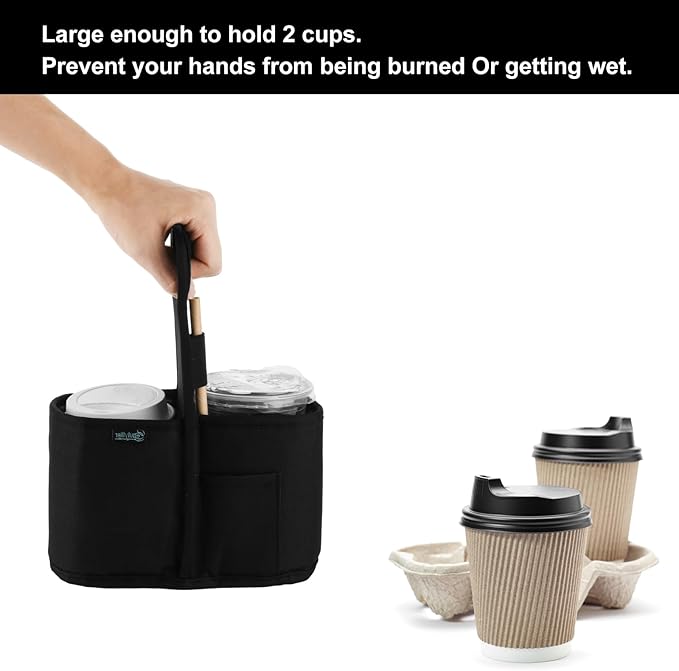 Beautyflier Drink Carrier with Handle for Delivery, Reusable Insulated Coffee Cup Carrier, Portable 2-Cup Holder with Handle Organizer Tote Bag for Hot & Cold Drinks