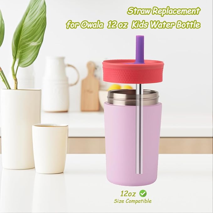 Metal Straw Replacement Compatible With Owala Kids Tumbler Cup 12oz & 15oz, Stainless Steel Straws for Owala Kids Water Bottle Accessories, With 2 Straw Cleaner, Reusable - 4Pcs