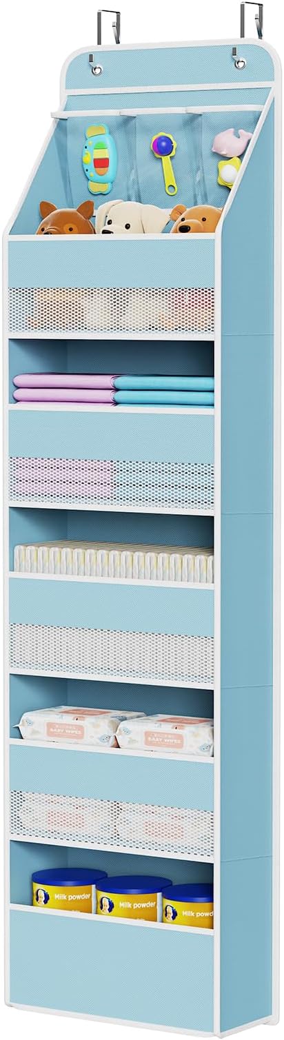 Univivi 6-Shelf Over Door Hanging Organizer Fabric Baby Door Storage with 5 Large Pockets and 3 Small PVC Pockets Wall Mount Hanging Storage Organizers for Baby Essential (Blue)