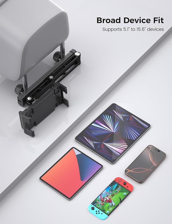 PLDHPRO Car Headrest Tablet Holder for Backseat, 3 in 1 Adjustable Aluminum Alloy Arm Tablet Mount for Back Seat, Road Trip Essentials for Kids for iPad, Galaxy, Fire HD, 5.1''-15.6'' Devices