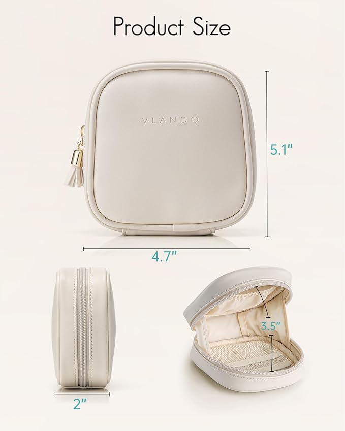 Vlando Mini Makeup Bag, Small Makeup Bag for Purse with Slip-in Pockets, Portable Travel Toiletry Bag with Zipper, Waterproof Make up Organizer Case for Women - Cream White