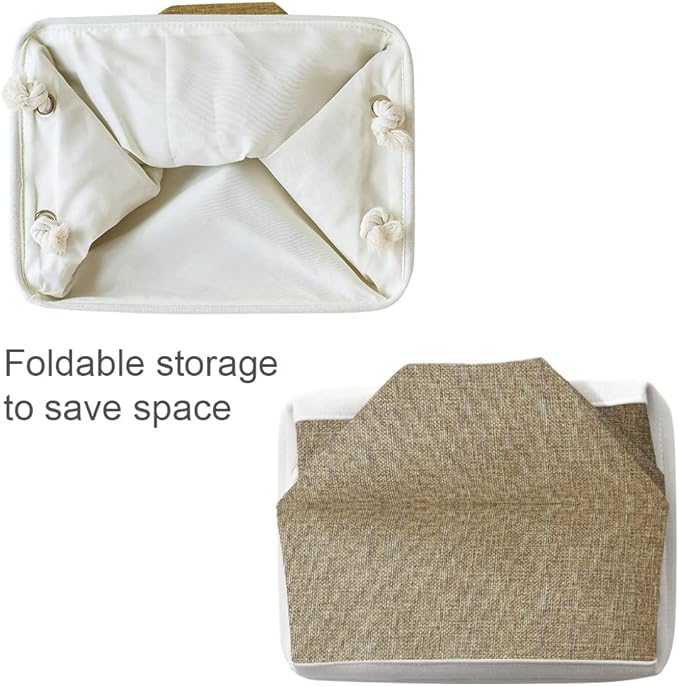 TheWarmHome Storage Basket for Organizing - 14x10x7 inch Medium 3 Pack Collapsible Storage Bin for Shelves with Handles, Canvas Storage Box for Organizer Cubes Cloth Gift Toy Closet (White & Khaki)