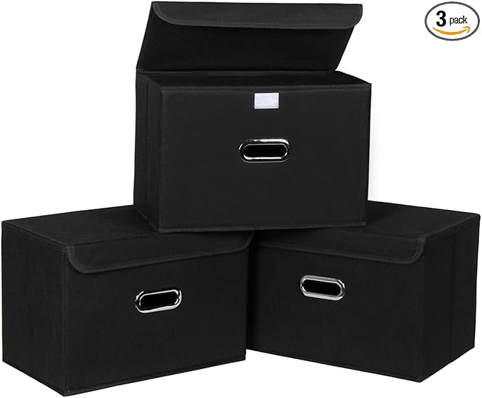 Fabric Foldable Collapsible Storage Cube Bin Organizer Basket with Lid, Handles, Removable Divider for Home, Closet (Black, 3Pcs)
