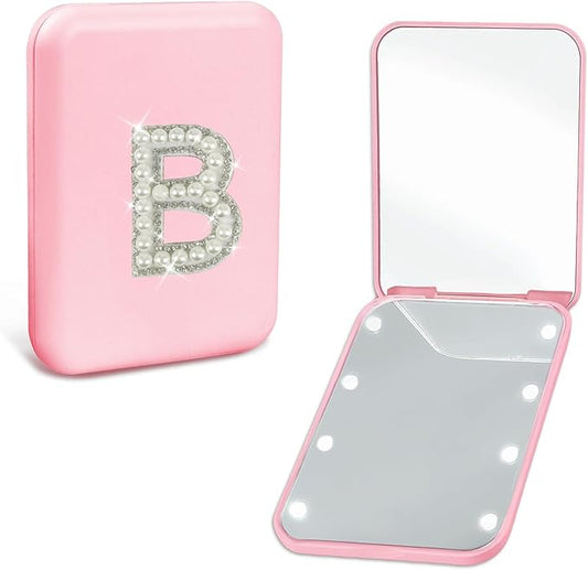 Travel Essentials Accessories Mini Makeup Mirror with Lights Pearl Initial 1X/2X Magnification LED Compact Mirror for Purses, Preppy 2-Sided Pocket Mirror Gifts for Women Teen Girls (B)