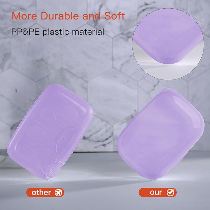 Quatish Leakproof Soap Dish with Lid & Draining Layer, Shatterproof Travel Bar Soap Holder Case Container, Portable Travel Size Toiletries Essentials for Camping, Gym, Bathroom, Clear Purple