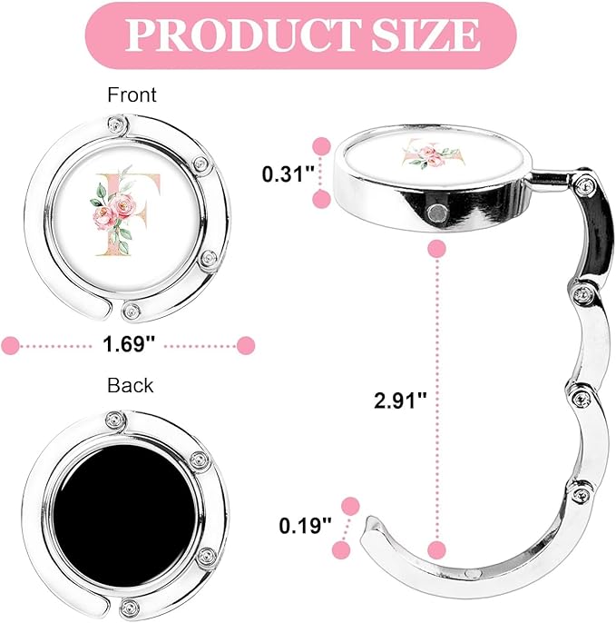 XSUIOY 3Pcs Personalized Initial Foldable Purse Hook for Table,Crushed Flower Letters Folding Purse Hanger,Purse Holder Handbag Hanger Collection Desk Table Bag Hooks Gifts for Women Bag(Pink-F)