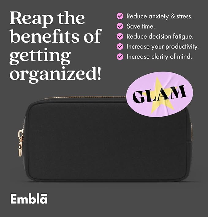 Embla Makeup Bag Travel Cosmetics Pouch and Toiletry Bag, Nylon Zipper Pouch Purse, Cute Make Up Organizer Storage Tote for Women Girls, Waterproof Travel Skincare Case, Small Makeup Bags, Black