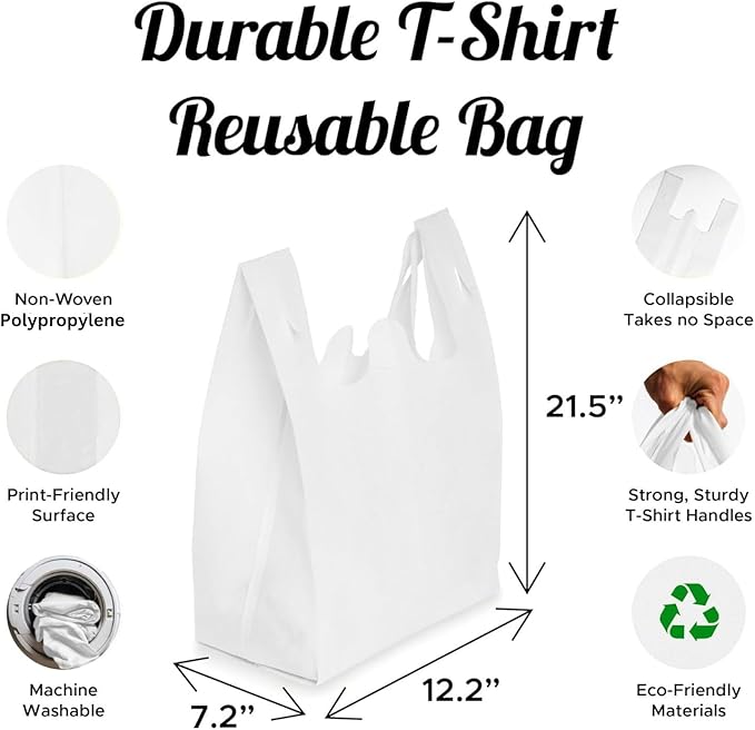 Simply Cool 450-Pack Reusable Eco-Friendly Grocery T-Shirt Shopping Bags 21.5"x12.2"x7.2" Durable, Recyclable Washable Foldable Portable Shopping Tote Bags Bulk