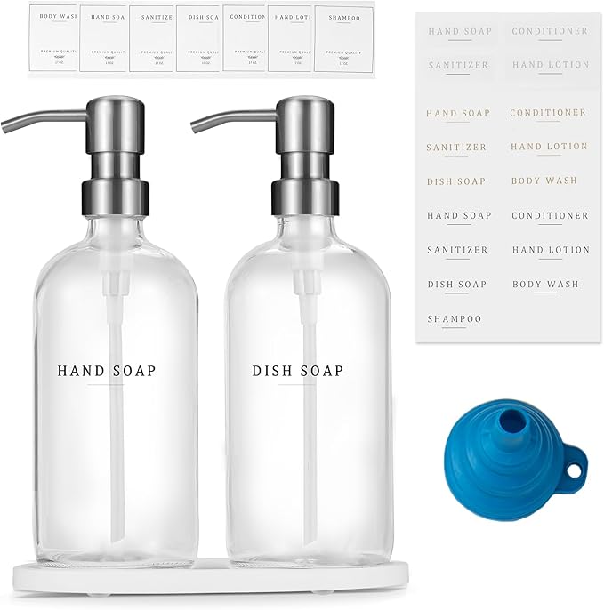 Glass Soap Dispenser - Dish Hand Soap Dispenser Set for Kitchen, Bathroom Soap Lotion Dispenser with 304 Rust Proof Pump, Tray, Clear Bottle/Silver Pump