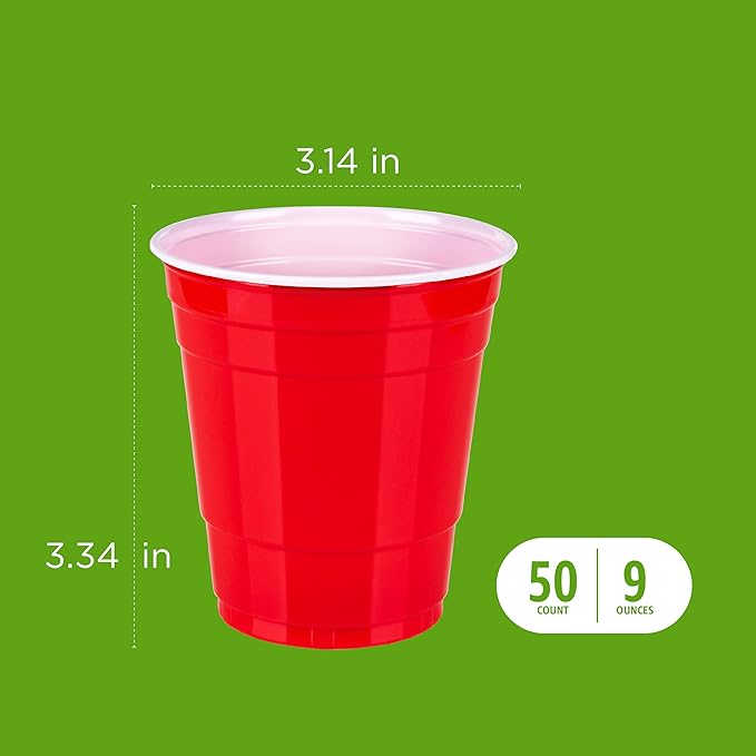 Amazon Basics Small Disposable Red Plastic Party Cups, BPA-Free, 9oz, 50 Count (Pack of 2)
