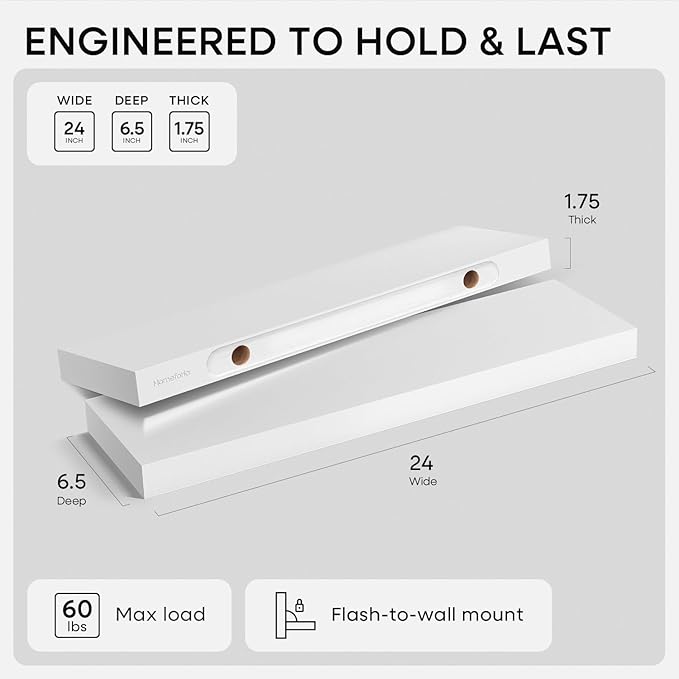 Homeforia White Floating Shelves 24 inch, High-End Solid Real Wood 24inch Bathroom Floating Shelf for Wall Mounted, White Wooden 24in Floating Shelves, Heavy Duty Bracket, 24 X 6.5 X 1.75 in, Set of 2