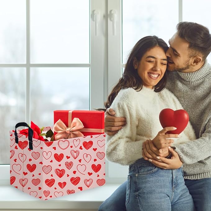 Rectangular Pink Valentine's Day Gift Basket,nursery basket,Pink girls gift baskets,kids toy storage Bin, Love Heart Room Decor for Home,Shelf Baskets(Romantic Heart)