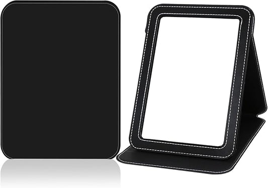 Folding Travel Mirror PU Portable Adjustable Rectangular Ultrathin Vanity Mirror with Stand, Small Makeup Mrror for Purse, Travel, Camping, Home, Office, Gifts (Black)