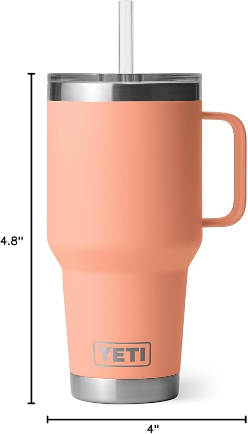 YETI Rambler 35 oz Tumbler with Handle and Straw Lid, Travel Mug Water Tumbler, Vacuum Insulated Cup with Handle, Stainless Steel, Lowcountry Peach