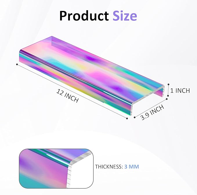 Acrylic Shelf Riser 12x3.9x1 pack of 2, Iridescent Display Shelf 12” for Shoes, Glasses, Plants, Home Decors, Perfume, 12x3.9x1 Inch