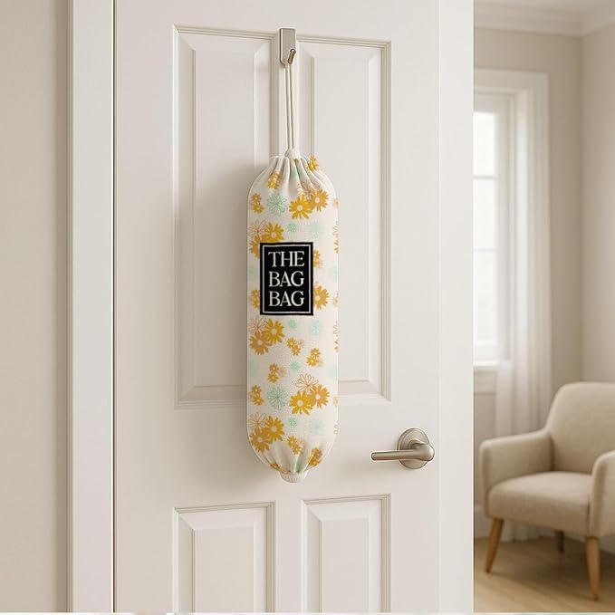 Plastic Bags Holder for Kitchen, The Bag Bag Grocery Bags Holder for Kitchen Essentials, Reusable Hanging Grocery Sack Organizer, Floral Reusable Trash Sack Storage Dispenser for Home Decor
