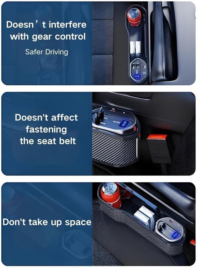 5 in 1 Car Seat Gap Filler Organizer with Wireless Charger and Cigarette Lighter, 2 Charging Cables, Retractable Charging Cords iOS Type-C USB Port Fast Charge Storage Box Cup Holder